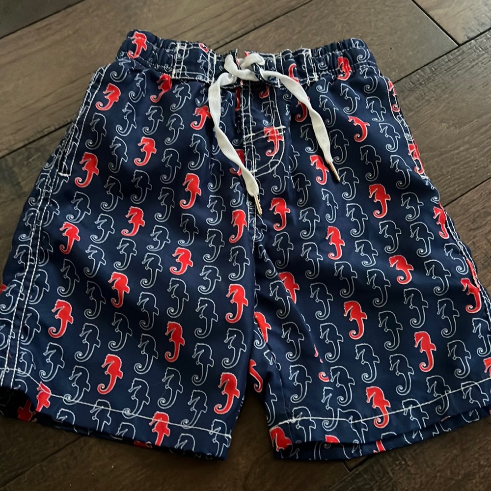 Boys swim trunks navy blue w/ red seahorses 5/6